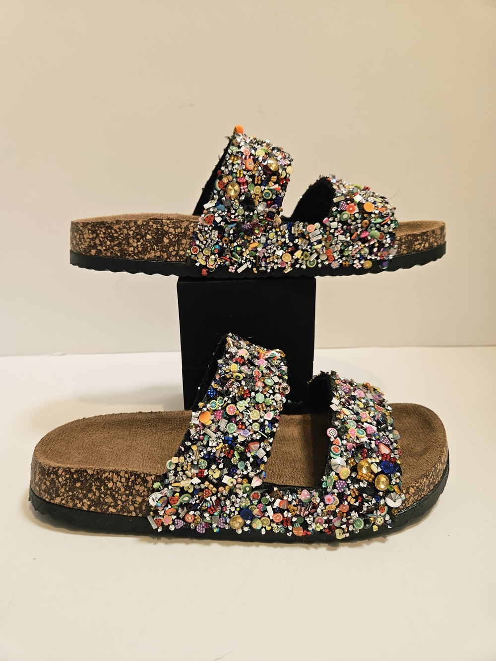 Multi-Color Crystal Beaded Double Strap Slides Cork Sandals NWOB Size 38